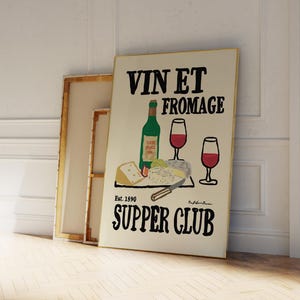 Vin Et Fromage-print, vintage wijnprint, modern keukendecor, wijn- en kaasclub kunst aan de muur, foodlover print, Supper Club decor, INGELIJSTE