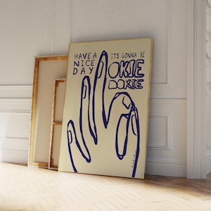 Okie Dokie-print | Neutrale blauwe print uit het midden van de eeuw | Esthetische muurkunst | Muurkunst appartement | Moderne keukenprint | Handgetekende schetsafdruk