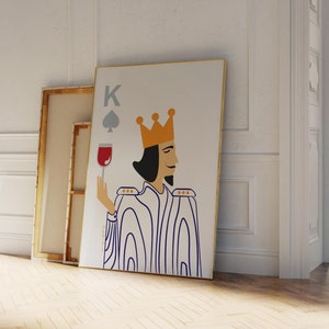 Król wina wydruk | Sztuka ścienna w stylu Mid Century Modern | Poker King Wine wydruk | Plakat Król pik | Sztuka ścienna do kuchni | Sztuka ścienna do łazienki