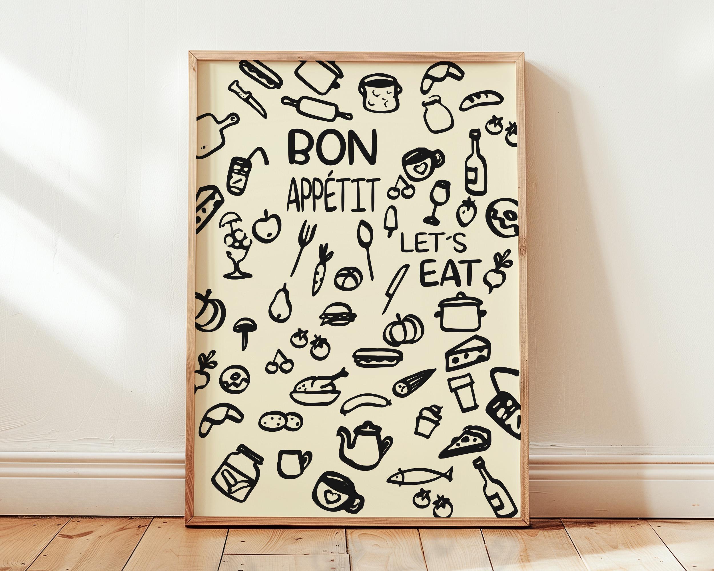 Bon Appetit Print, Lets Eat Print, Black & White Kitchen Wall Art, Modern Kitchen Decor, Food Art Print, Minimalist Kitchen Print, UNFRAMED