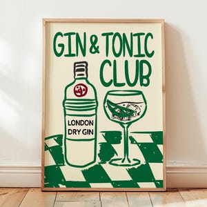 Gin Tonic Club print, cocktail print, bar cart decor, moderne keuken muurkunst, happy hour print, retro drankje kunst aan de muur, groene print, INGELIJSTE