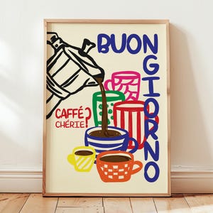 コーヒープリント、Buongiorno Caffeポスター、カラフルなプリント、モダンなキッチン装飾、バーカートプリント、エスプレッソウォールアート、朝食プリント、フレームなし