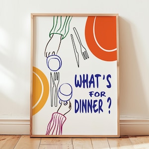 「Whats For Dinner」プリント、モダンなキッチンデコレーション、カラフルなダイニングルームプリント、「Dinner For Two」ポスター、ワインプリント、ミッドセンチュリーウォールアート、フレームなし