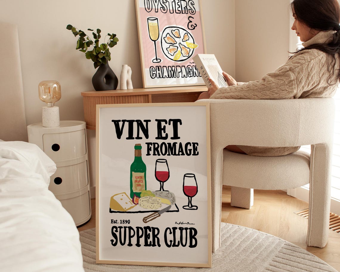 Vin Et Fromage Print, Vintage Wine Print, Modern Kitchen Decor, Wine ...