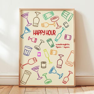 Happy Hour print, cocktailmuurkunst, barwagen print, trendy drankje poster, kleurrijke bar cart kunst aan de muur, Five O Clock Somewhere print, INGELIJSTE