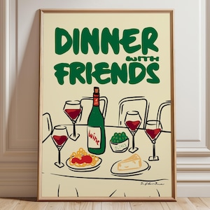 Cena con gli amici, stampa di vino neutro, arte murale retrò, stampe da parete per la cucina, arte del vino colorata, stampa moderna per la cucina, ispirazione per la casa, senza cornice