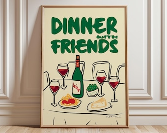Dinner With Friends, Neutral Wine Print, Retro Wall Art, Kitchen Wall Prints, Colourful Wine Art, Modern Kitchen Print, Home Inspo, UNFRAMED