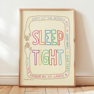 Sleep Tight Print, Colorful Good Night Print, Stay in Bed Wall Art, Bedroom Decor, Above Bed Poster, Girl Room Print, UNFRAMED