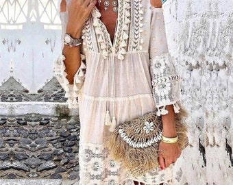 Women's Summer Vintage Dress - A V-Neck Bohemian Symphony for Cocktail Parties, Beach Holidays, and Effortless Elegance-Bohemian Dress