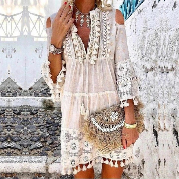 Women's Summer Vintage Dress - A V-Neck Bohemian Symphony for Cocktail Parties, Beach Holidays, and Effortless Elegance-Bohemian Dress