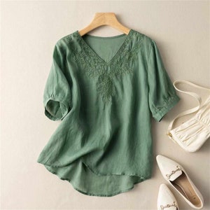 Women's Summer Cotton V Neck Embroidered Loose Tops, Embroidered Blouses for Women, Gifts for Mom, Traditional Blouses for Women