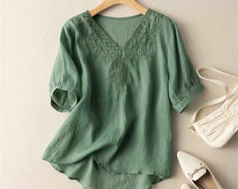 Women's Summer Cotton V Neck Embroidered Loose Tops, Embroidered Blouses for Women, Gifts for Mom, Traditional Blouses for Women