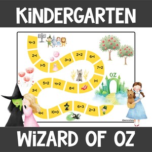 May include: A colourful "Wizard of Oz" themed board game for kindergarten students. The game board features illustrations of characters and scenes from the story, with math problems and the word "Kindergarten" at the top. The words "Wizard of Oz" are at the bottom.