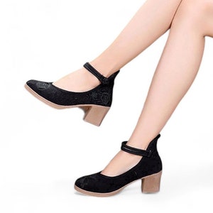 Black Womens Ankle Strap Block Heels | Hand Embroidered Roses Chunky Heels | Comfortable Evening Heels | Unique Black Wedding High Heels