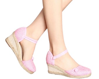 Pink Womens Espadrilles Wedge Sandals | Handmade Women&#39;s Summer Shoes | Comfortable Pink Jute Espadrille Womens Wedges | Womens High Wedges