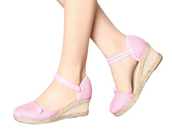 Pink Womens Espadrilles Wedge Sandals | Handmade Women's Summer Shoes | Comfortable Pink Jute Espadrille Womens Wedges | Womens High Wedges