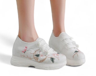 White Women's Sneakers | Platform Sneakers for Women | Chunky Sneakers | Embroidered Platform Sneakers with Hidden Wedge | Stylish Sneakers