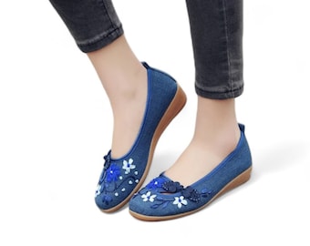 Blue Cotton Canvas Ballet Flats with Ribbon & Ruyi Flowers | Daily Summer Walking Shoes | Comfortable Womens Shoes | Cute Womens Flat Shoes