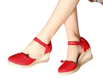 Red Womens Espadrilles Wedge Sandals | Handmade Women's Summer Shoes | Comfortable Red Jute Espadrille Womens Wedges | Womens Mid Heel Shoes