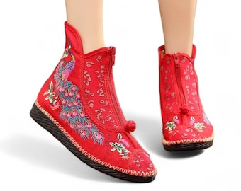 Red Womens Ankle Boots with Hand Embroidered Peacock | Red Zip-Up Booties | Bright Womens Short Boots | Cute Red Womens Boots | Gift for Her