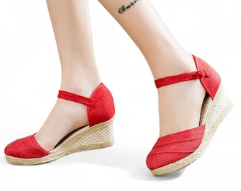 Red Patchwork Espadrilles Wedge Sandals | Handmade Sustainable Vegan Jute Womens Wedge Sandals | Women Canvas High Wedge Womens Alpargatas