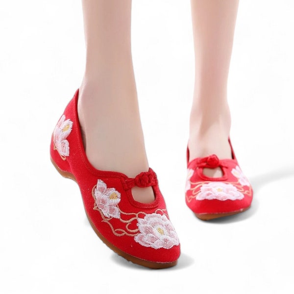Red Ballet Flats with Pink Lotus Embroidery | Red Women's Shoes | Womens Slip On Shoes | Chinese Wedding Shoes | Unique Daily Wear Shoes