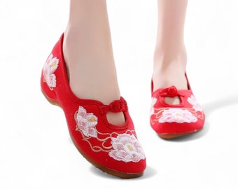 Red Ballet Flats with Pink Lotus Embroidery | Red Women's Shoes | Womens Slip On Shoes | Chinese Wedding Shoes | Unique Daily Wear Shoes