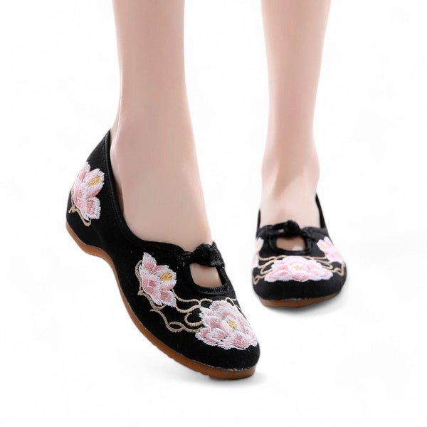 Black Ballet Flats with Pink Lotus Embroidery | Women's Shoes | Womens Slip On Shoes | Ballerina Shoes | Traditional Chinese Shoes