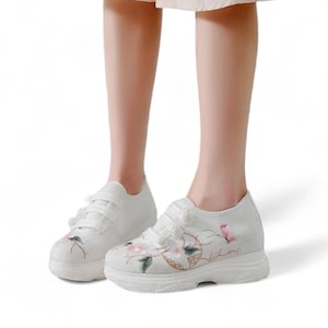 White Women's Sneakers | Platform Sneakers for Women | Chunky Sneakers | Embroidered Platform Sneakers with Hidden Wedge | Stylish Sneakers