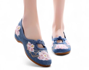 Blue Ballet Flats with Pink Lotus Embroidery | Blue Women's Shoes | Womens Slip On Shoes | Gift For Her | Bridemaids Shoes | Blue Mary Janes