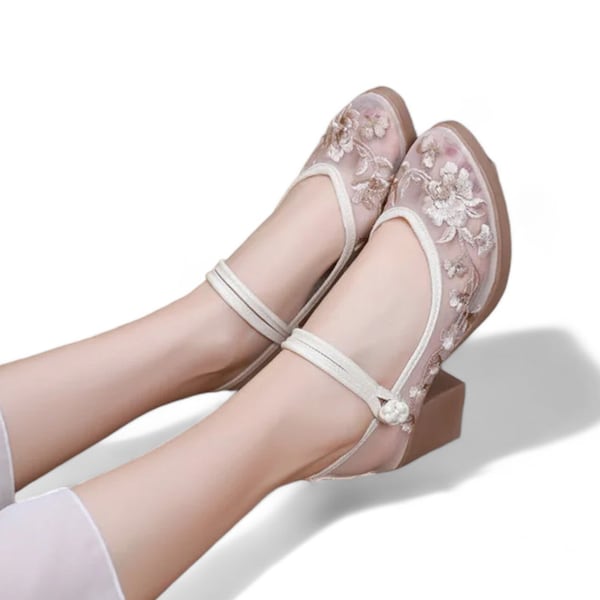 See Through Womens Block Heels | Mesh Handmade Womens Pumps | Statement Womens High Heels | Hand-Embroidered Modern Chinese Shoes