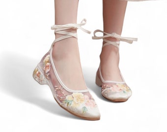 White Mesh Ankle Lace-Up Ballet Flats with Delicate Floral Embroidery | Comfortable Womens Shoes | Summer Shoes | Unique Wedding Shoes