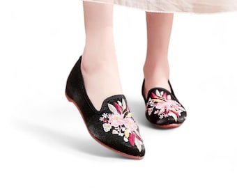 Black Pointed Toe Flats Women's Slippers with Purple Floral Embroidery | Comfortable Casual Slides Mules for Ladies | Home Slippers for Mum