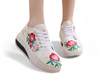 White Women's Sneakers | Lift Platform Sneakers for Women | Chunky Womens Sneakers | Denim Embroidered Floral Sneakers with Lift Wedges