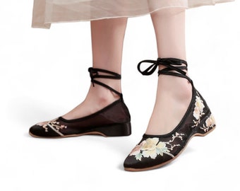 Black Breathable Mesh Lace-Up Ballet Flats with Delicate Floral Embroidery | Women's Comfort Shoes | Summer Shoes | Unique Womens Shoes