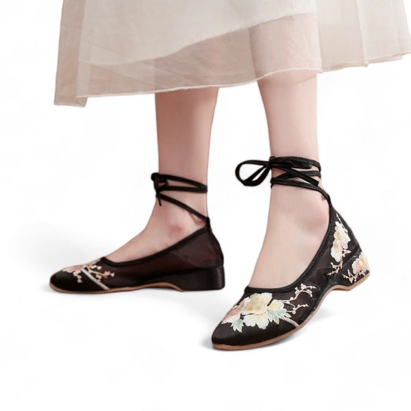 Black Breathable Mesh Lace-Up Ballet Flats with Delicate Floral Embroidery | Women's Comfort Shoes | Summer Shoes | Unique Womens Shoes