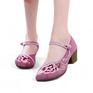 Dark Pink Mary Jane Block Heels with Hand Embroidered Hibiscus | Unique Womens Pumps | Low to Mid Heel Womens Shoes | Handcrafted Shoes