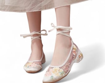 White Mesh Ankle Lace-Up Ballet Flats with Delicate Floral Embroidery | Comfortable Womens Shoes | Summer Shoes | Unique Wedding Shoes