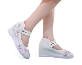 White Womens Hidden Wedge Platform Sandals | Hand Embroidered Floral Womens Wedge Sandals | Unique White Wedding Shoes | Platform Sandals