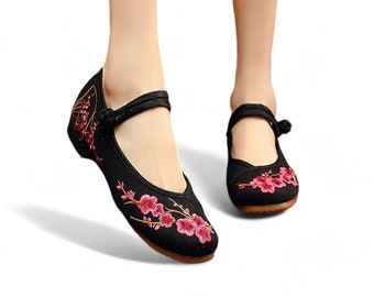 Black Ballerinas with Sakura Hand Embroidery | Traditional Chinese Shoes | Handstitched Black Slip On Shoes | Cute Black Shoes |Gift for Her