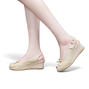 Beige Slingback Espadrilles Wedge Sandals | Peep Toe with Bow Tie Jute Canvas Espadrille Sandals | Beige Comfortable Adjustable Strap Wedges