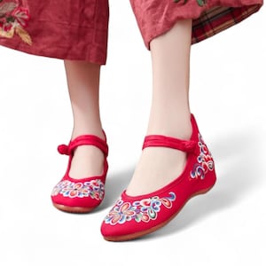 Red Embroidered Ballet Flats with Wildflowers design | Traditional Chinese Shoes | Qipao Shoes for Cheongsams | Red Slip Ons Ballerinas