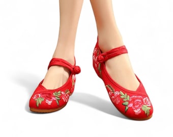 Ballerines brodées roses rouges | Chaussures rouges sans lacets | Chaussures faites main pour femme rouges | Chaussures de mariage rouges pour femmes | Chaussures rouges traditionnelles