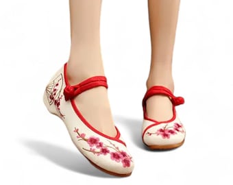 White Ballerinas with Hand Embroidered Cherry Blossoms | Traditional Chinese Shoes | Handstitched Black Slip On Shoes | Cute Ballet Flats