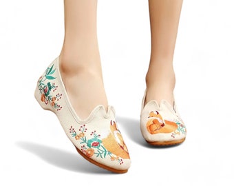 Women's Casual Shoes | Canvas Embroidered Little Fox Ballet Flats | Vintage Ladies Breathable Ballerina Shoes | Summer Shoes for Women