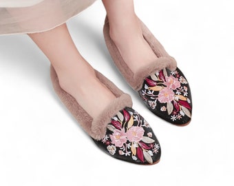 Warm Faux Fur Winter Flat Shoes, Soft Velvety Pointed Toe Shoes | Black Faux Fur Mules with Vibrant Floral Embroidery | Warm Winter Shoes