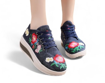 Navy Blue Women's Sneakers | Lift Platform Sneakers for Women | Chunky Womens Sneakers | Denim Embroidered Floral Sneakers with Lift Wedges