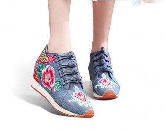 Denim Blue Women's Sneakers with Hand Embroidered Hibiscus | Hidden Lift Platform Sneakers for Women | Blue Comfortable and Unique Sneakers