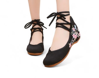 Black Ballet Flats | Embroidered Comfortable Canvas Flats | Casual Traditional Feminine Shoes|Everyday Pink Flower Lace-up Ankle Strap Flats