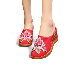 3d Flower Red Womens Wedge Slippers | Womens Wedge Slip On Sandals | Womens Platform Shoes with Lift | Comfortable Wedge Heel Sandals